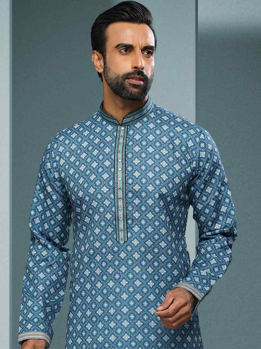 Blue Hand Loomed In Rich Yarns Of Cotton Printed Festival Kurta
