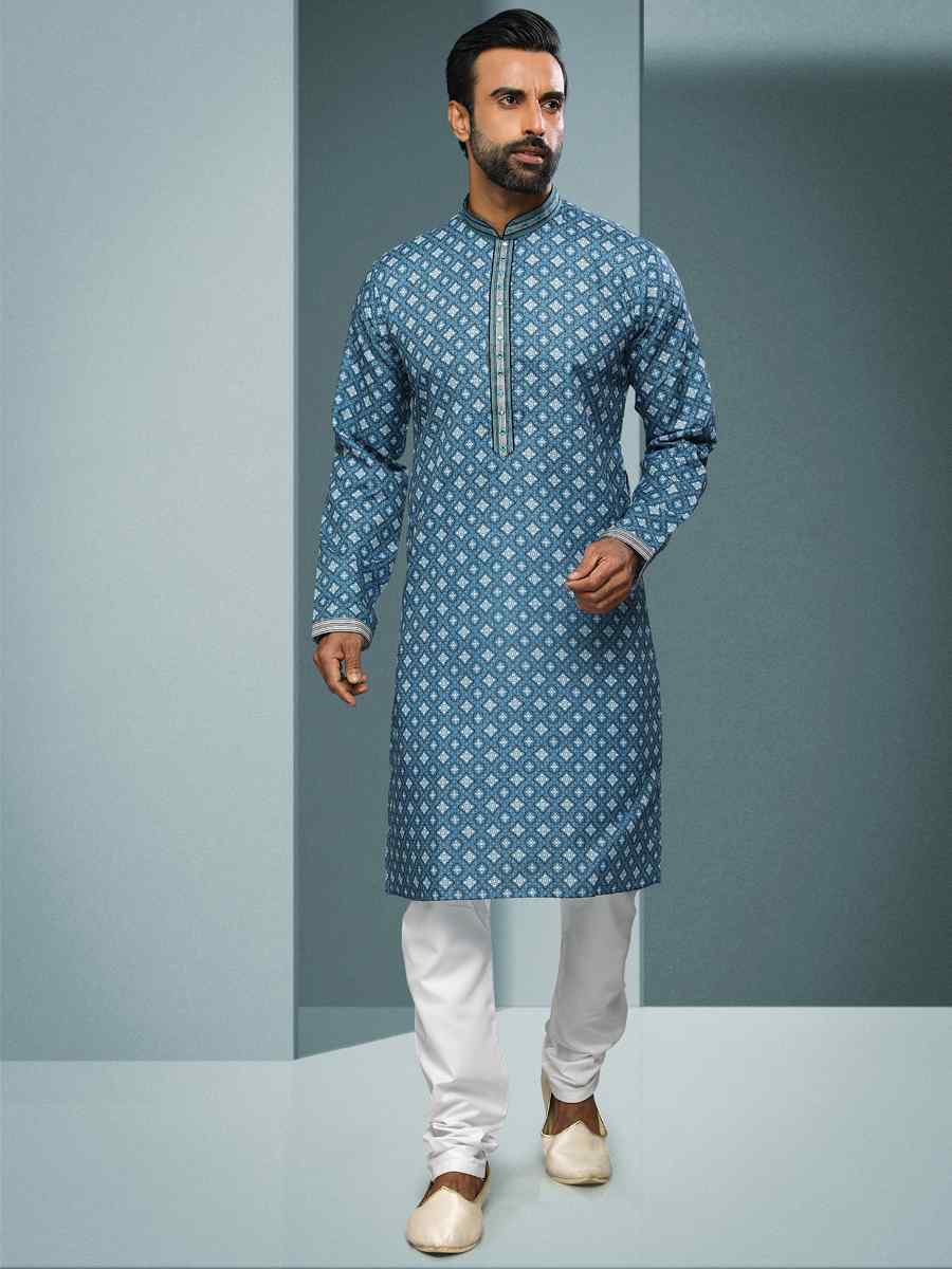 Blue Hand Loomed In Rich Yarns Of Cotton Printed Festival Kurta