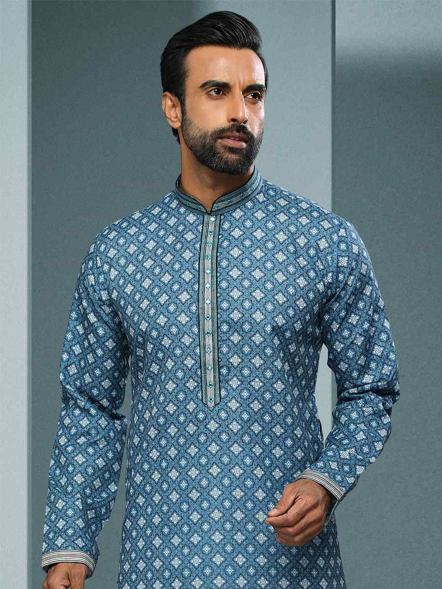 Blue Hand Loomed In Rich Yarns Of Cotton Printed Festival Kurta
