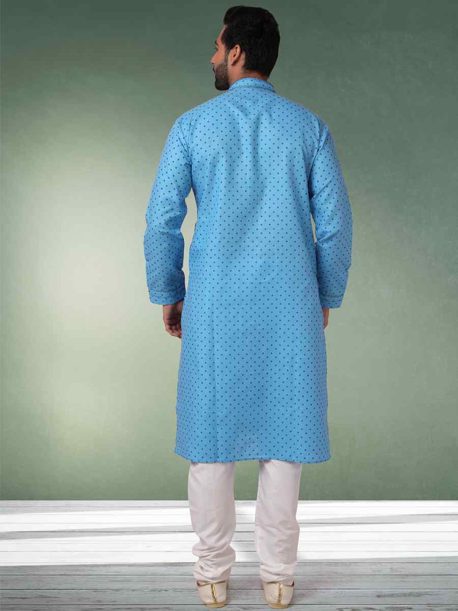Blue Hand Loomed In Rich Yarns Of Cotton Printed Festival Wedding Kurta
