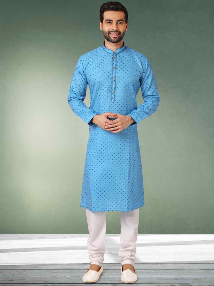 Blue Hand Loomed In Rich Yarns Of Cotton Printed Festival Wedding Kurta