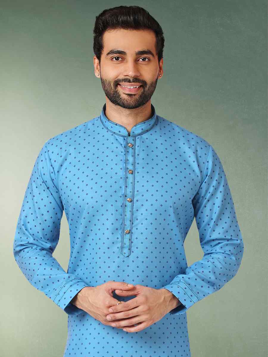 Blue Hand Loomed In Rich Yarns Of Cotton Printed Festival Wedding Kurta
