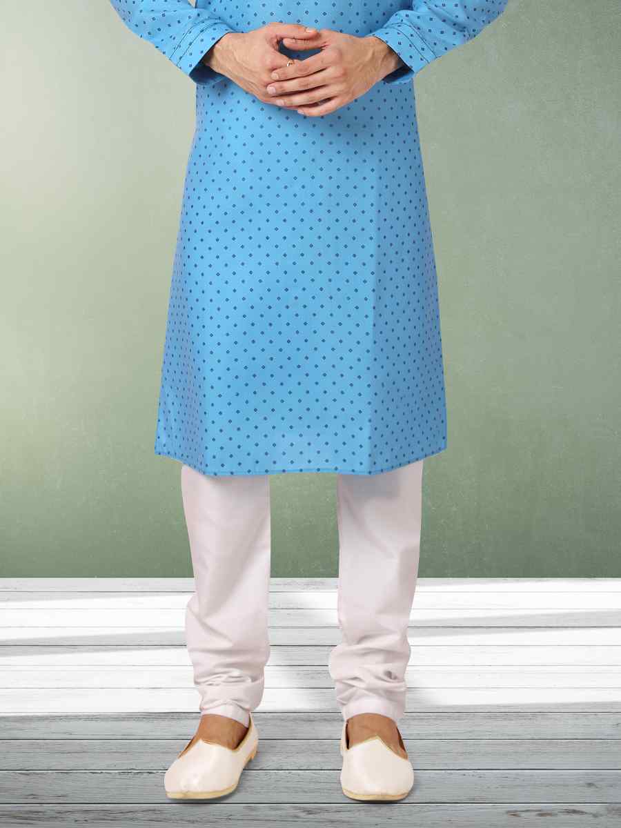 Blue Hand Loomed In Rich Yarns Of Cotton Printed Festival Wedding Kurta