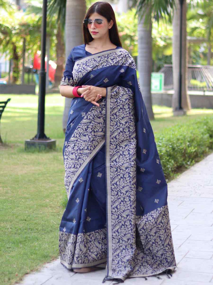 Blue Handloom Raw Silk Handwoven Casual Festival Classic Style Saree