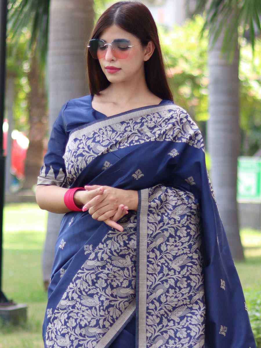 Blue Handloom Raw Silk Handwoven Casual Festival Classic Style Saree