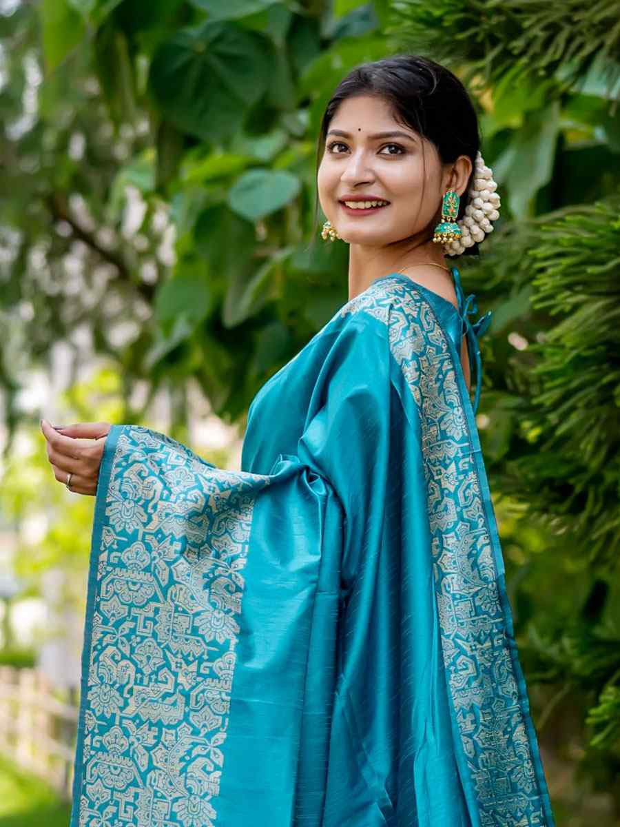 Blue Handloom Raw Silk Handwoven Casual Reception Festival Wedding Fancy Classic Style Sarees
