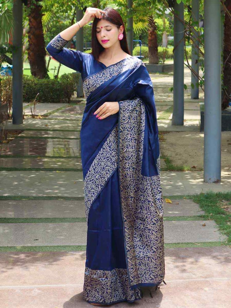 Blue Handloom Raw Silk Handwoven Wedding Festival Heavy Border Saree