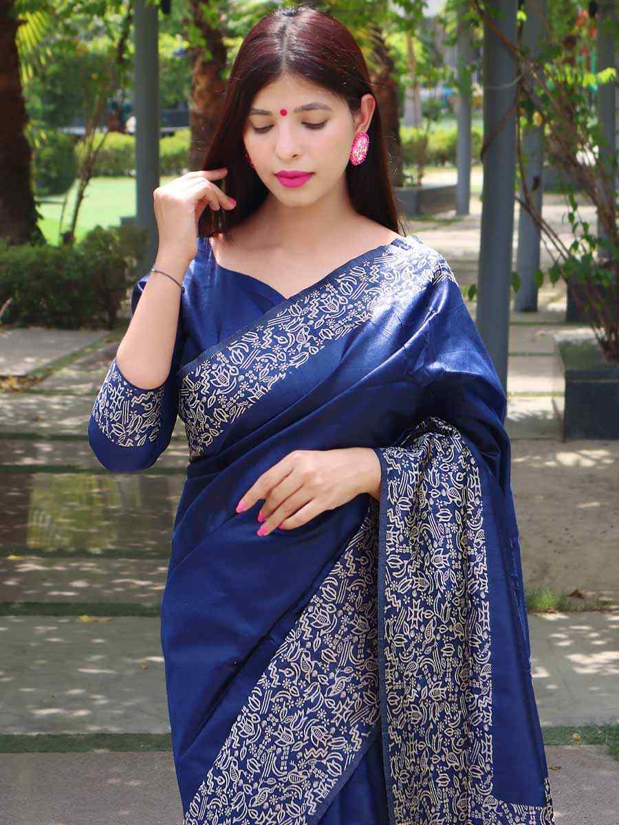 Blue Handloom Raw Silk Handwoven Wedding Festival Heavy Border Saree