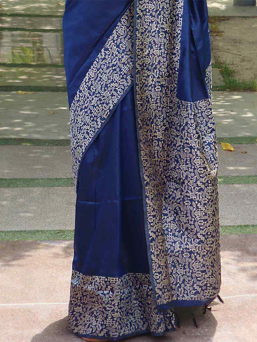 Blue Handloom Raw Silk Handwoven Wedding Festival Heavy Border Saree