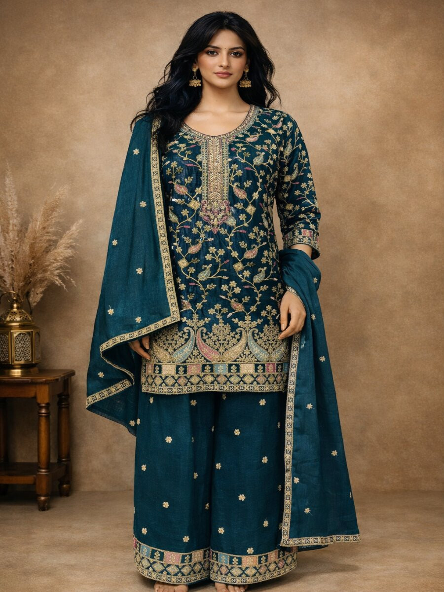 Blue Heavy Airtex Chinon Embroidery Wedding Party Festival Casual Ready Palazzo Pant Salwar Kameez