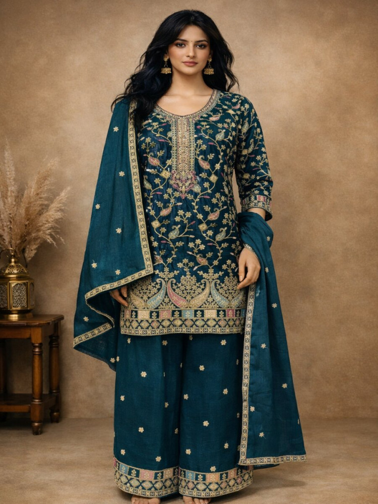 Image of Blue Heavy Airtex Chinon Embroidery Wedding Party Festival Casual Ready Palazzo Pant Salwar Kameez