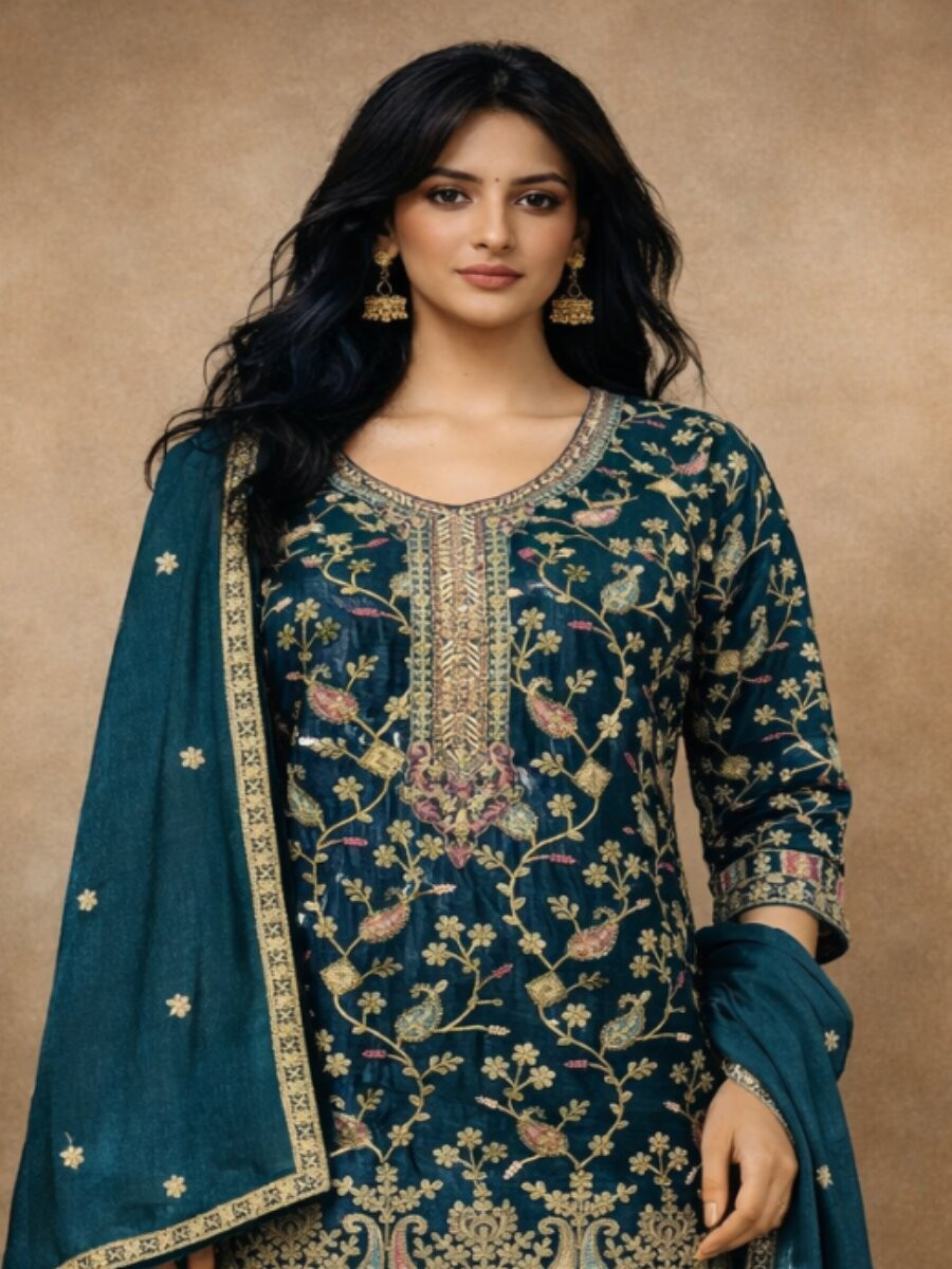 Blue Heavy Airtex Chinon Embroidery Wedding Party Festival Casual Ready Palazzo Pant Salwar Kameez