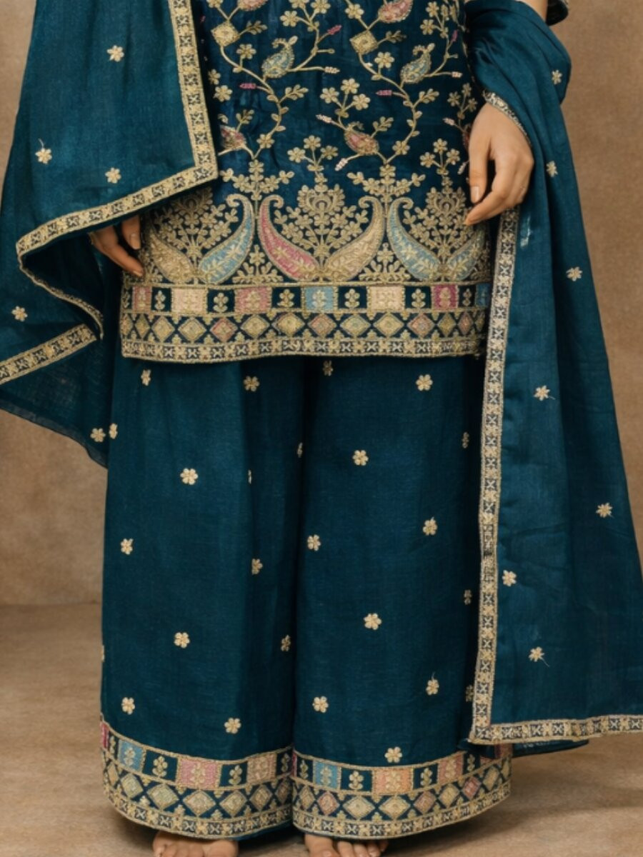 Blue Heavy Airtex Chinon Embroidery Wedding Party Festival Casual Ready Palazzo Pant Salwar Kameez