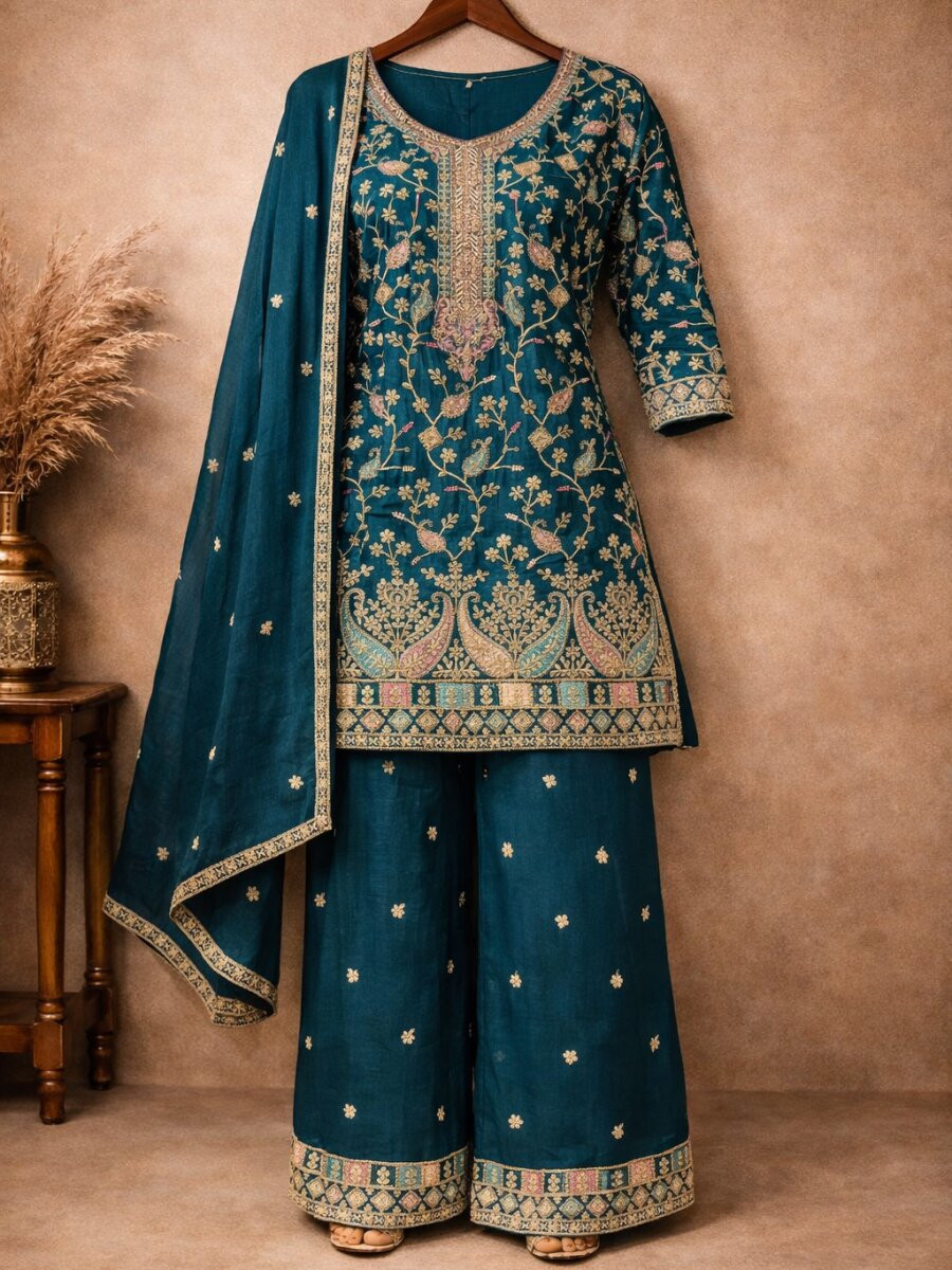Blue Heavy Airtex Chinon Embroidery Wedding Party Festival Casual Ready Palazzo Pant Salwar Kameez
