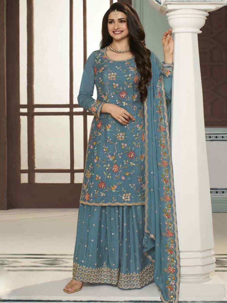 Blue Heavy Blooming Viscose Chinon Embroidered Festival Wedding Palazzo Pant Bollywood Style Salwar Kameez