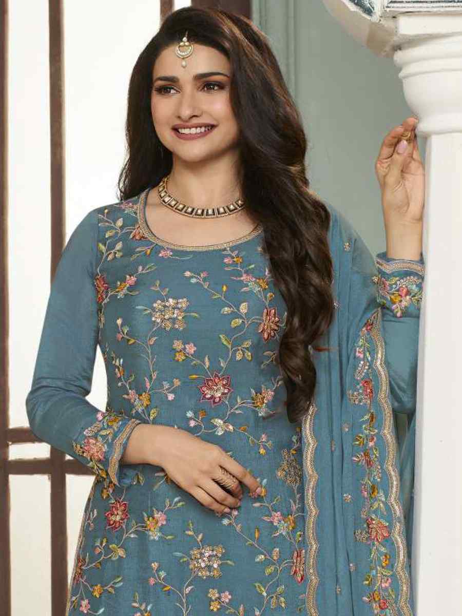 Blue Heavy Blooming Viscose Chinon Embroidered Festival Wedding Palazzo Pant Bollywood Style Salwar Kameez