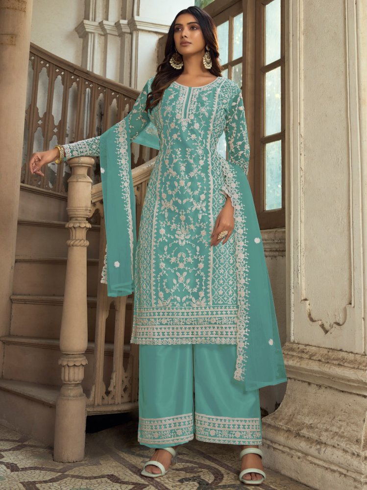 Blue Heavy Butterfly Net Embroidered Festival Party Engagement Pant Salwar Kameez
