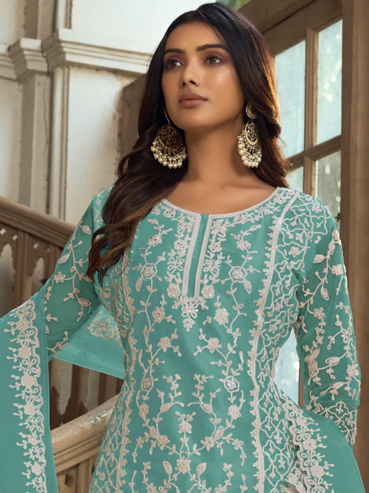 Blue Heavy Butterfly Net Embroidered Festival Party Engagement Pant Salwar Kameez