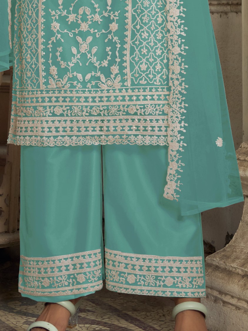 Blue Heavy Butterfly Net Embroidered Festival Party Engagement Pant Salwar Kameez