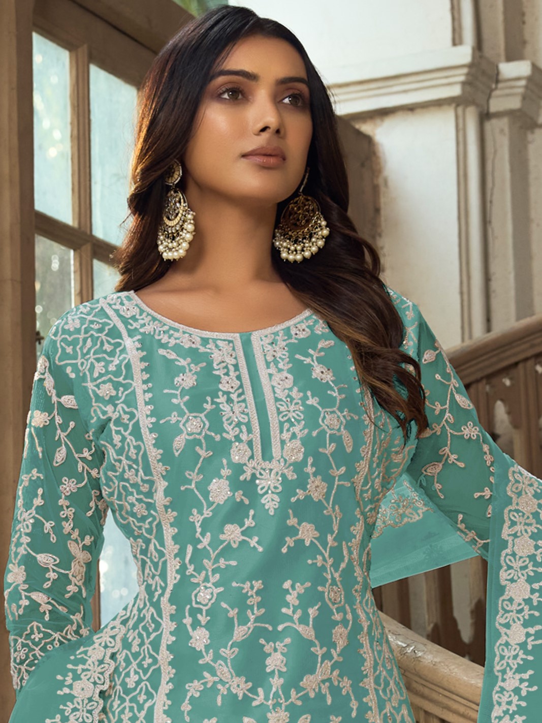 Blue Heavy Butterfly Net Embroidered Festival Party Engagement Pant Salwar Kameez