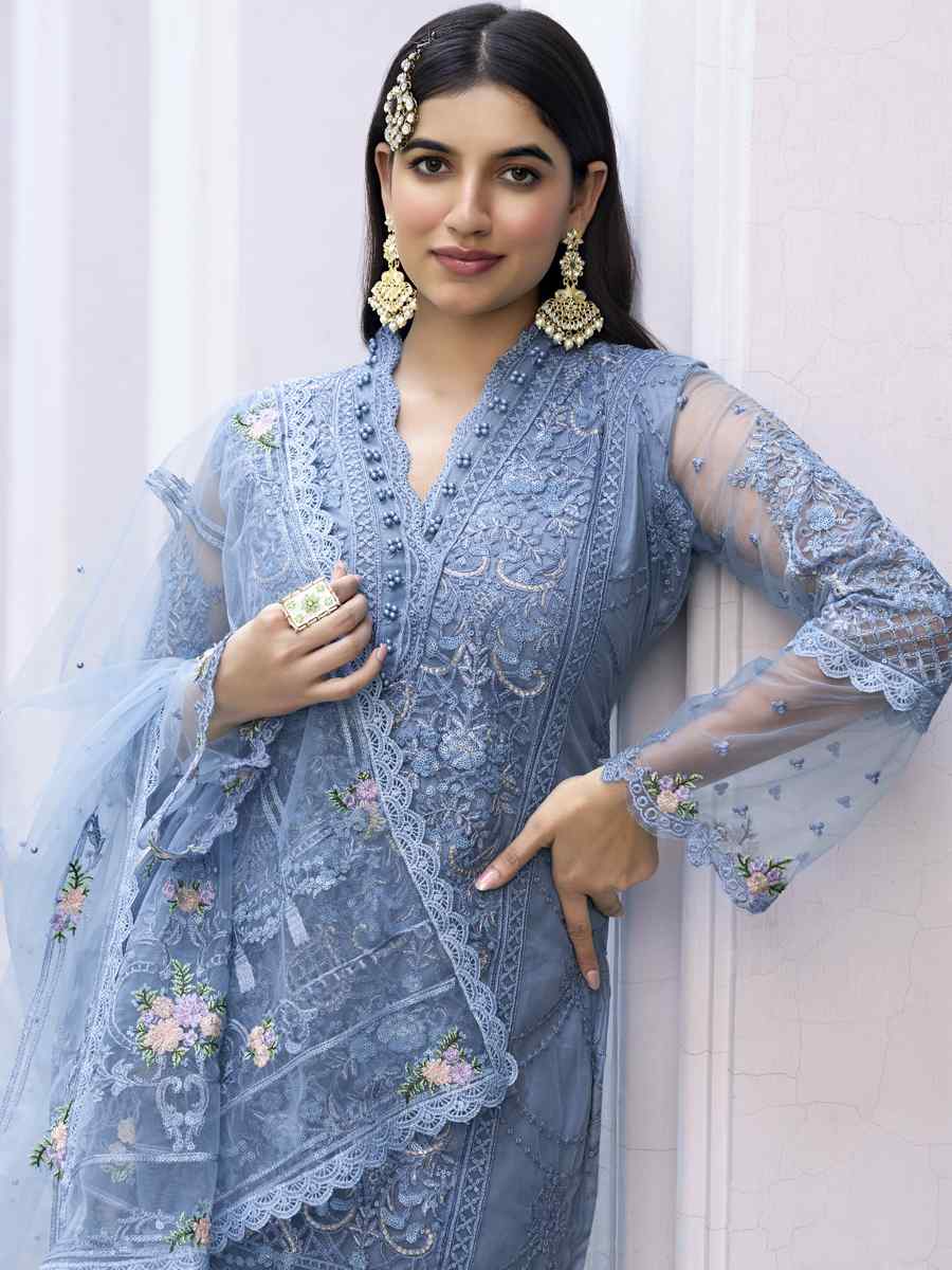 Blue Heavy Butterfly Net Embroidered Festival Party Pant Salwar Kameez