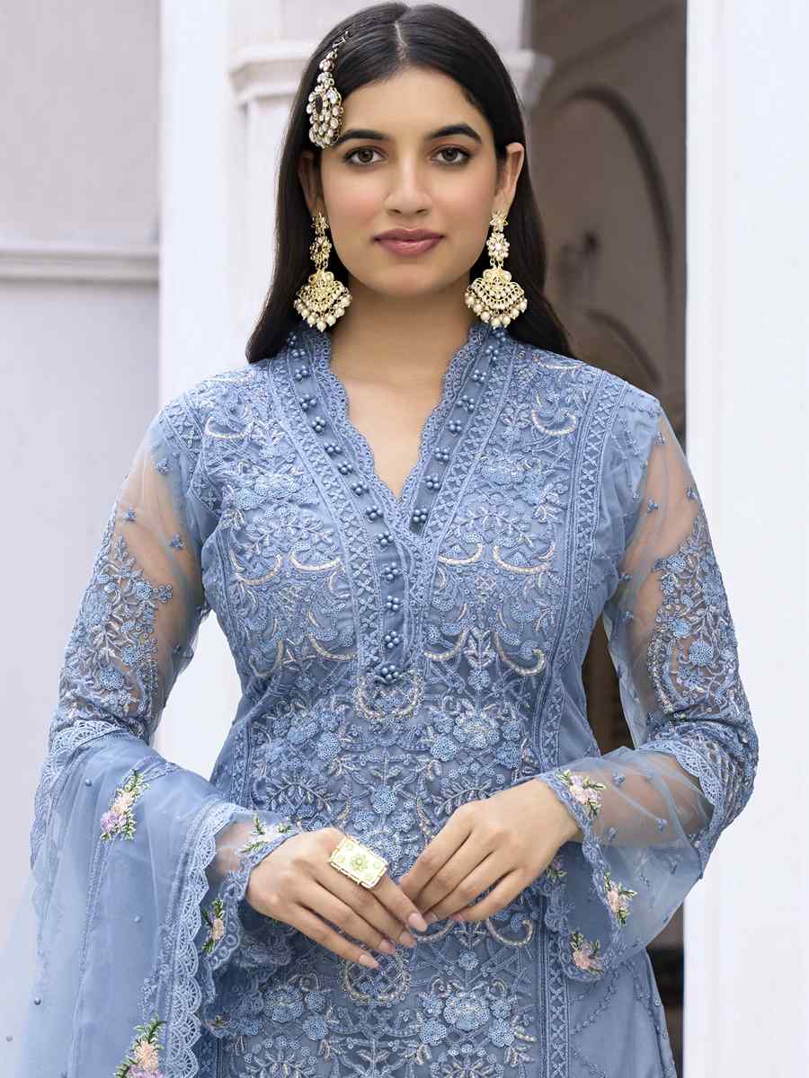 Blue Heavy Butterfly Net Embroidered Festival Party Pant Salwar Kameez