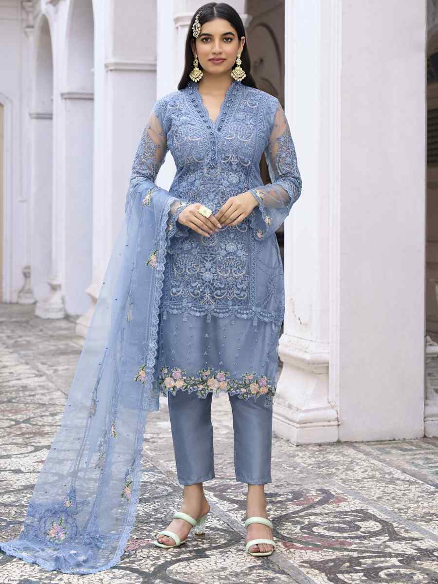 Blue Heavy Butterfly Net Embroidered Festival Party Pant Salwar Kameez