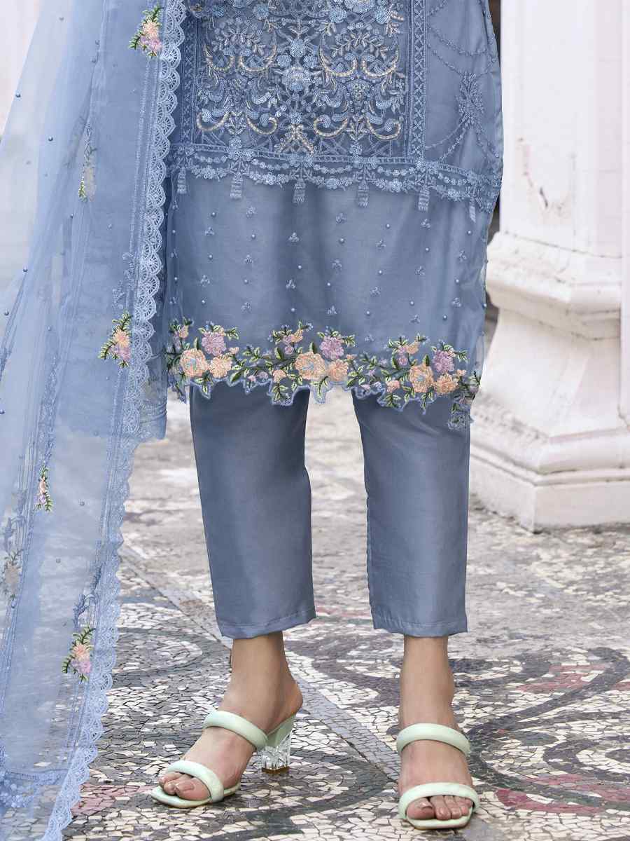 Blue Heavy Butterfly Net Embroidered Festival Party Pant Salwar Kameez