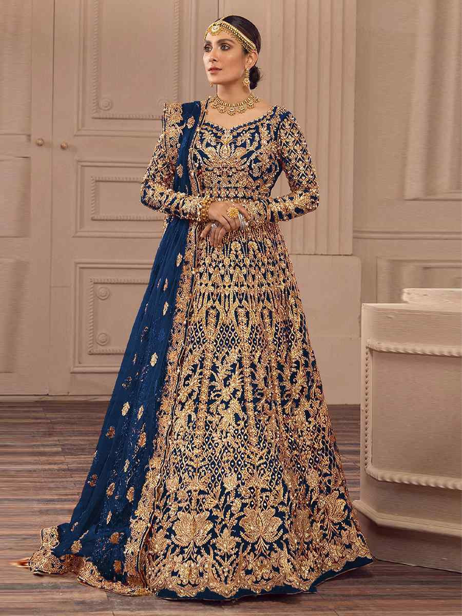 Blue Heavy Butterfly Net Embroidered Festival Wedding Anarkali Salwar Kameez