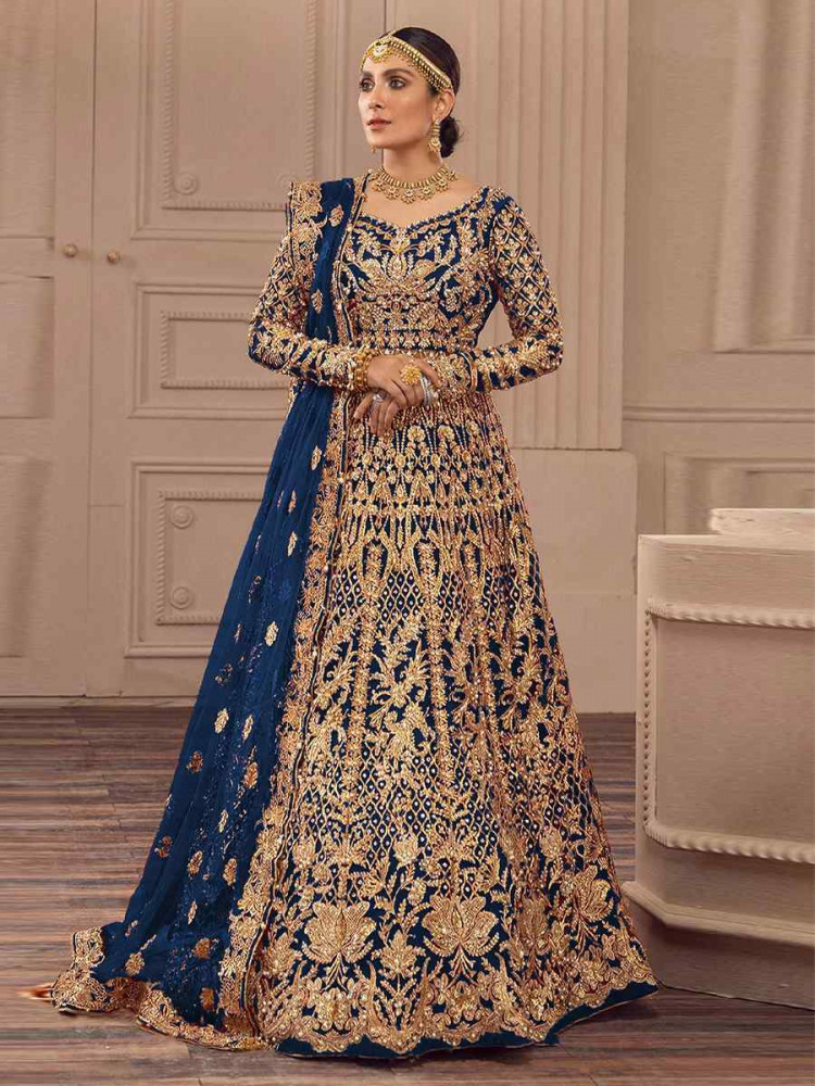 Blue Heavy Butterfly Net Embroidered Festival Wedding Anarkali Salwar Kameez
