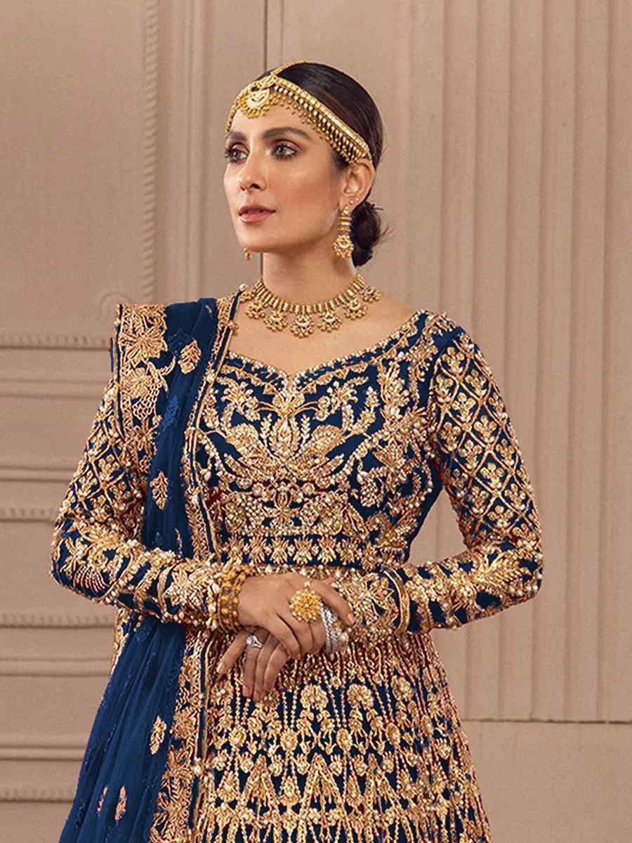 Blue Heavy Butterfly Net Embroidered Festival Wedding Anarkali Salwar Kameez