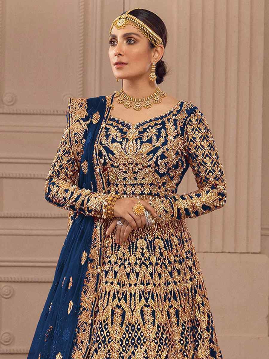 Blue Heavy Butterfly Net Embroidered Festival Wedding Anarkali Salwar Kameez