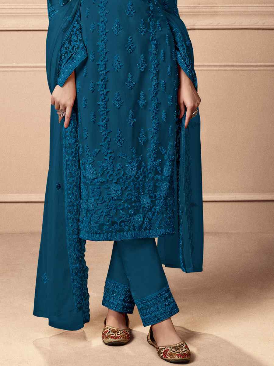 Blue Heavy Butterfly Net Embroidered Festival Wedding Pant Salwar Kameez