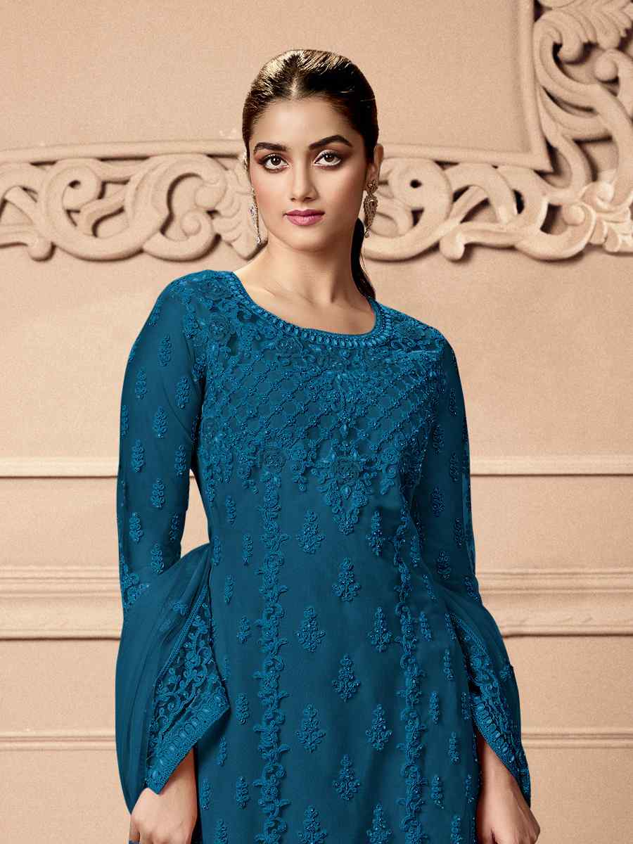 Blue Heavy Butterfly Net Embroidered Festival Wedding Pant Salwar Kameez