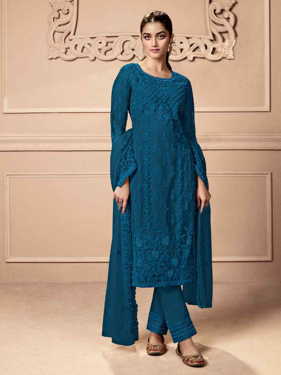 Blue Heavy Butterfly Net Embroidered Festival Wedding Pant Salwar Kameez
