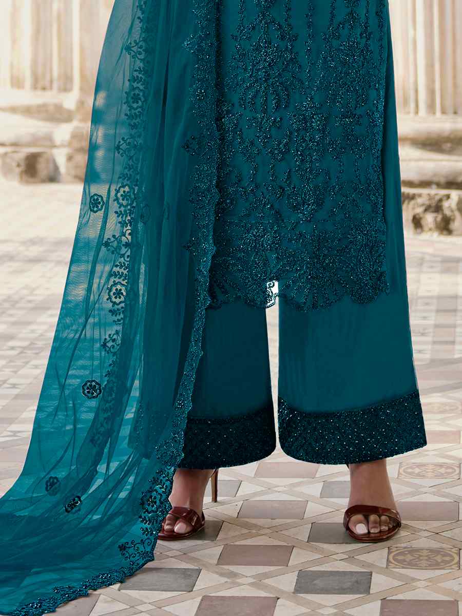 Blue Heavy Butterfly Net Embroidered Wedding Festival Palazzo Pant Salwar Kameez