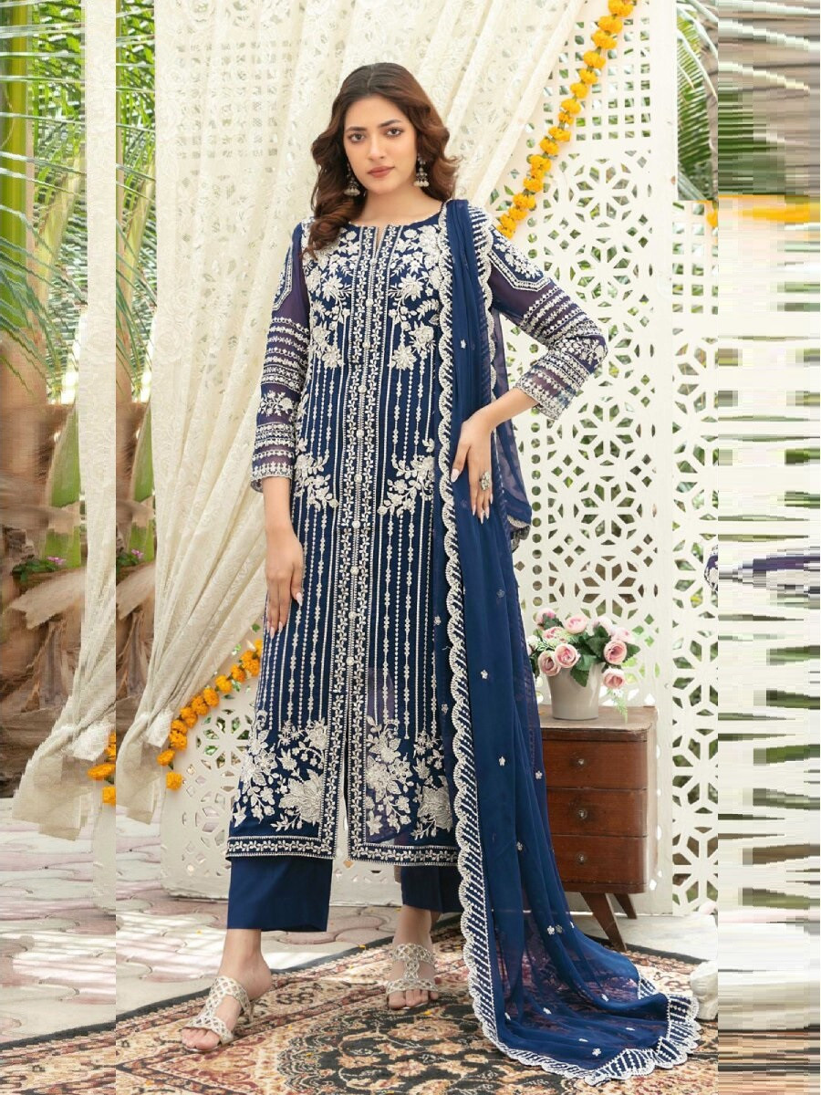Blue Heavy Chiffon Embroidery Wedding Party Festival Casual Palazzo Pant Salwar Kameez