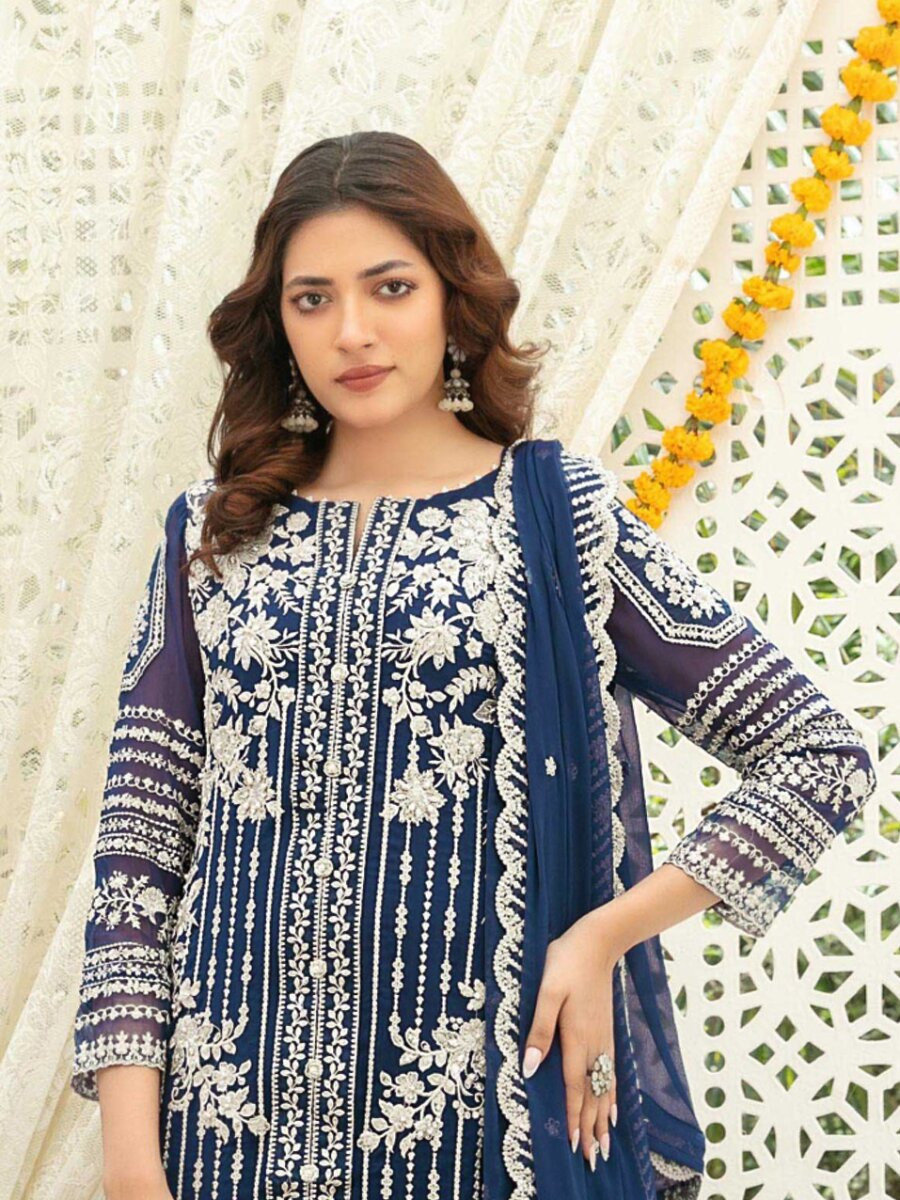 Blue Heavy Chiffon Embroidery Wedding Party Festival Casual Palazzo Pant Salwar Kameez