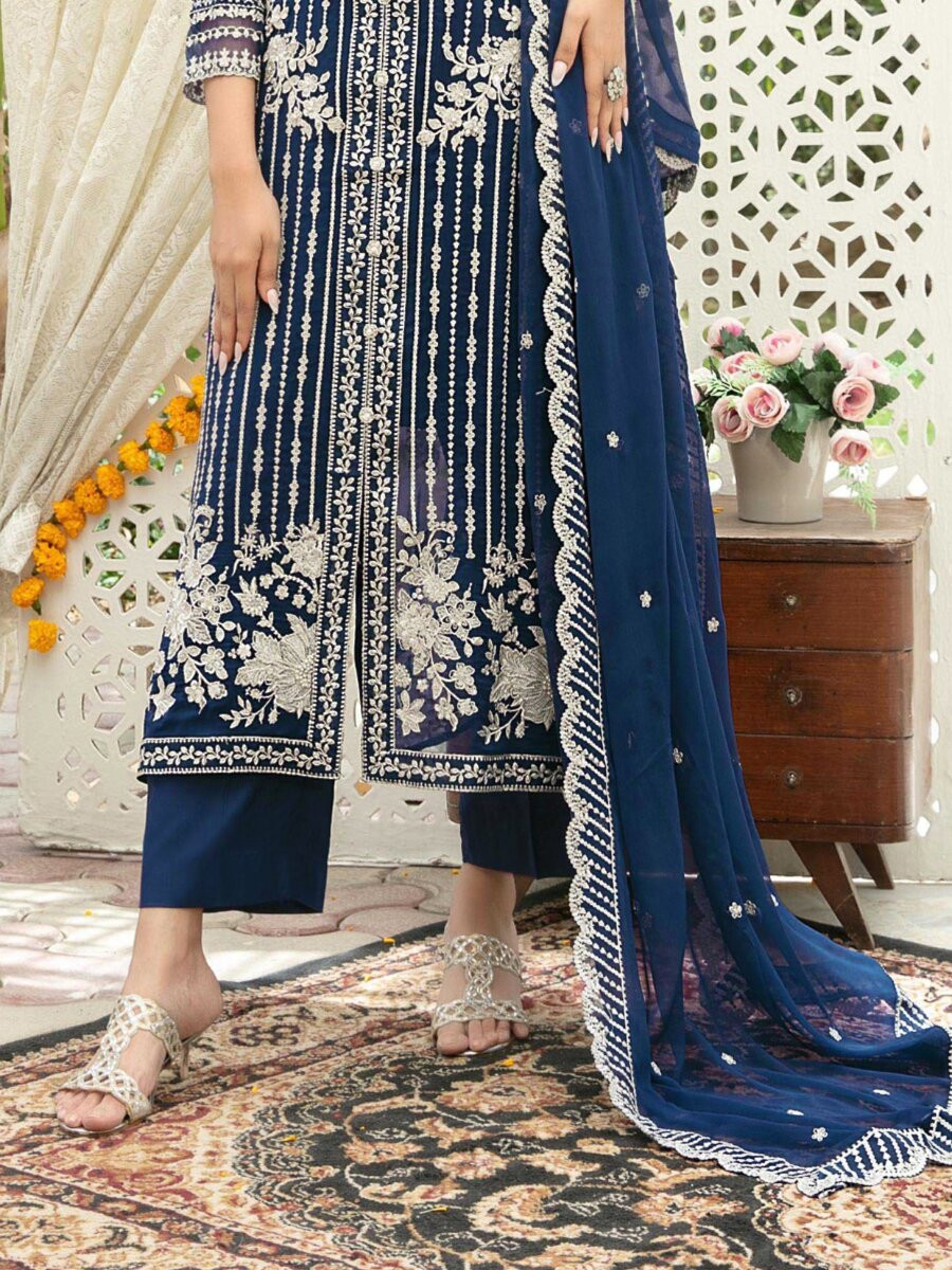 Blue Heavy Chiffon Embroidery Wedding Party Festival Casual Palazzo Pant Salwar Kameez