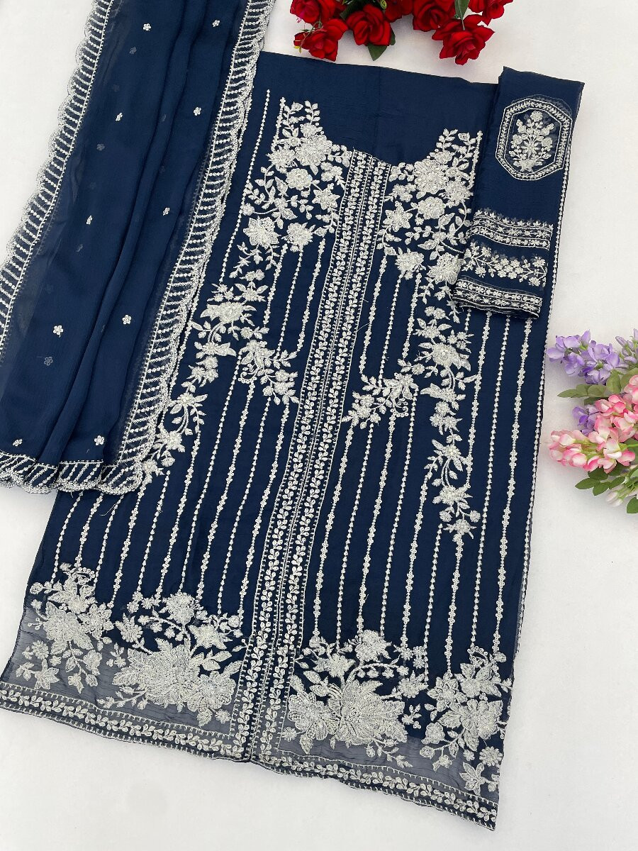 Blue Heavy Chiffon Embroidery Wedding Party Festival Casual Palazzo Pant Salwar Kameez