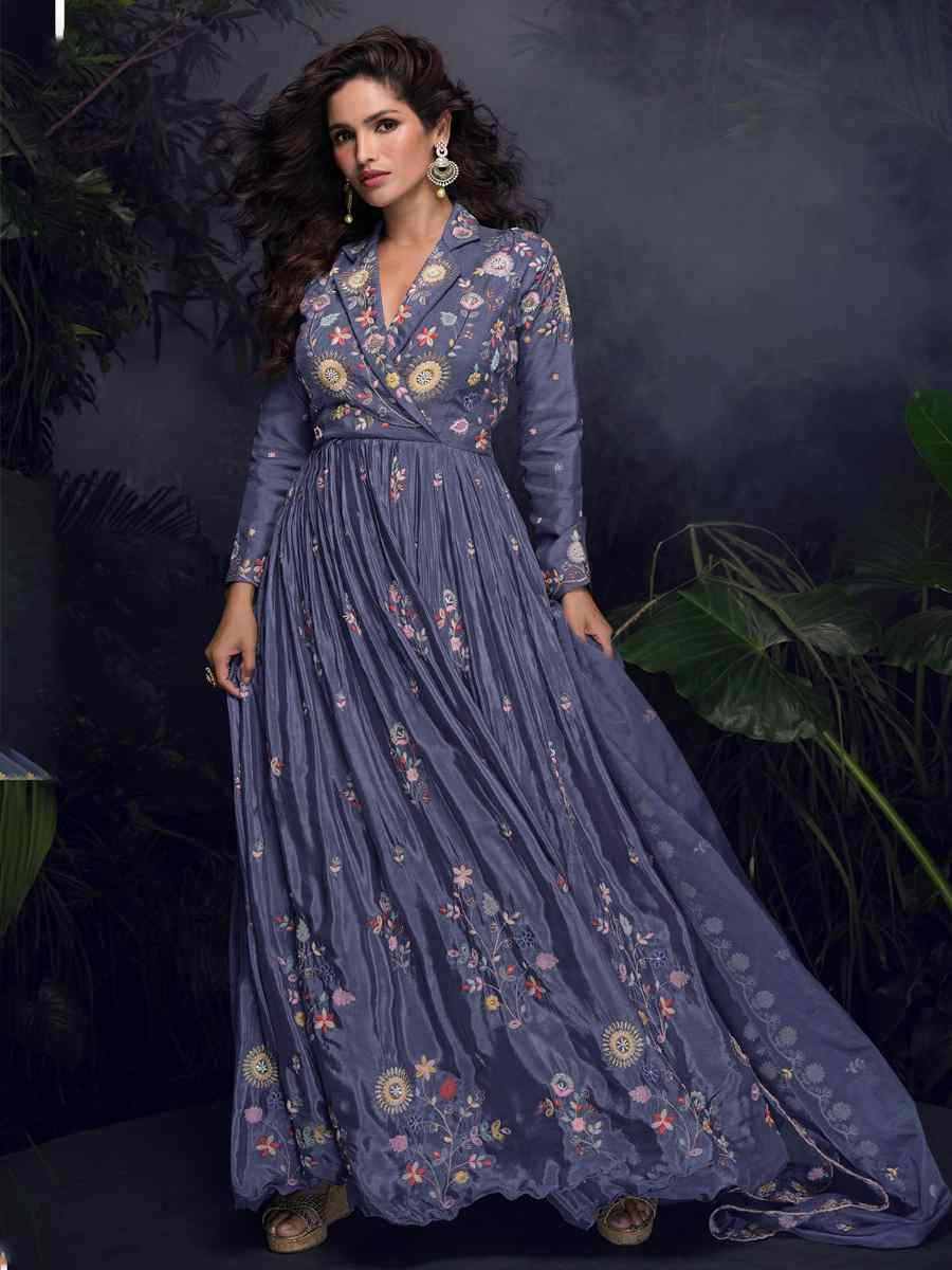 Blue Heavy Chinon Embroidered Festival Casual Gown