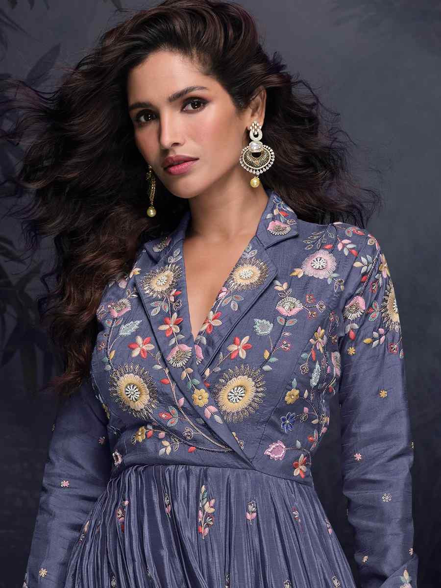 Blue Heavy Chinon Embroidered Festival Casual Gown