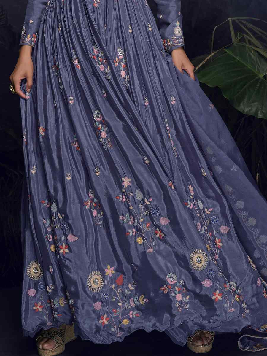 Blue Heavy Chinon Embroidered Festival Casual Gown