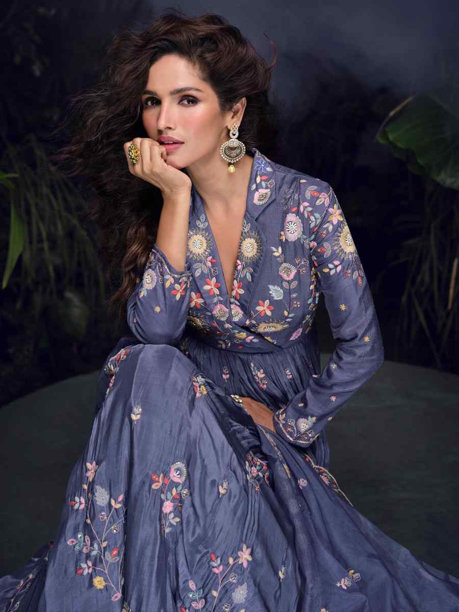 Blue Heavy Chinon Embroidered Festival Casual Gown