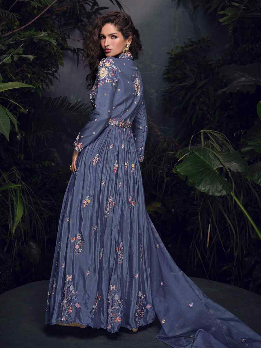 Blue Heavy Chinon Embroidered Festival Casual Gown