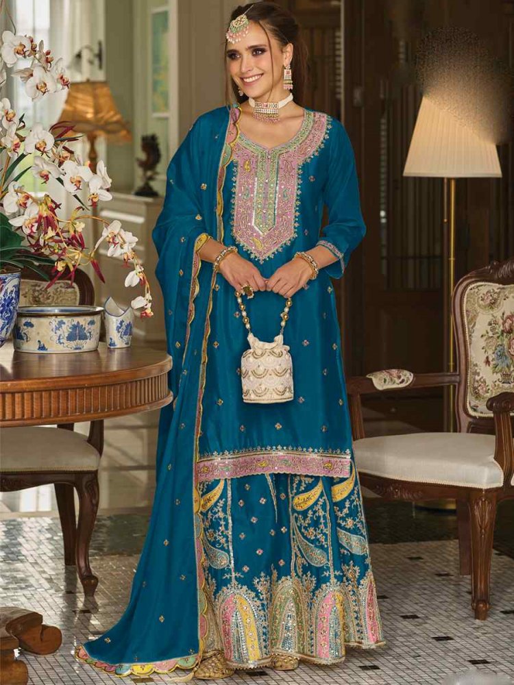 Blue Heavy Chinon Embroidered Festival Casual Ready Palazzo Pant Salwar Kameez