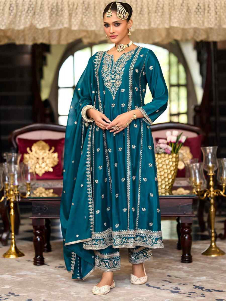 Blue Heavy Chinon Embroidered Festival Casual Ready Pant Salwar Kameez