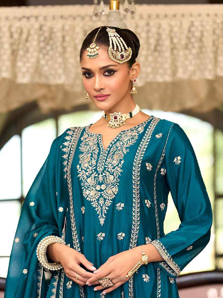 Blue Heavy Chinon Embroidered Festival Casual Ready Pant Salwar Kameez