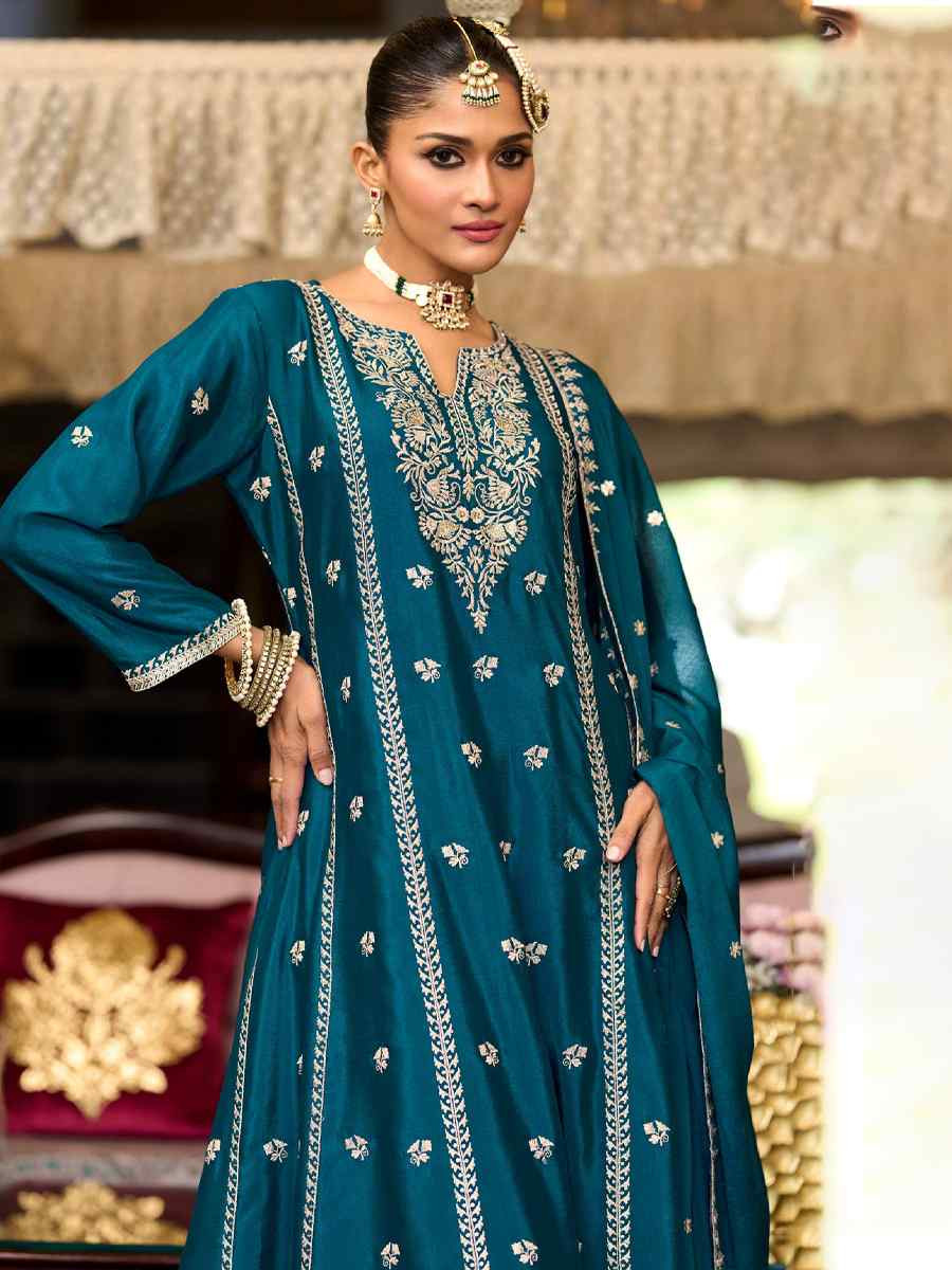 Blue Heavy Chinon Embroidered Festival Casual Ready Pant Salwar Kameez