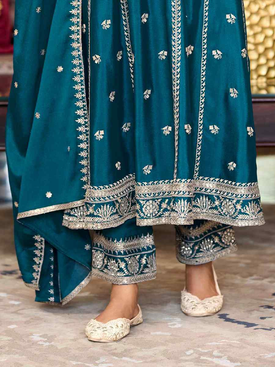 Blue Heavy Chinon Embroidered Festival Casual Ready Pant Salwar Kameez